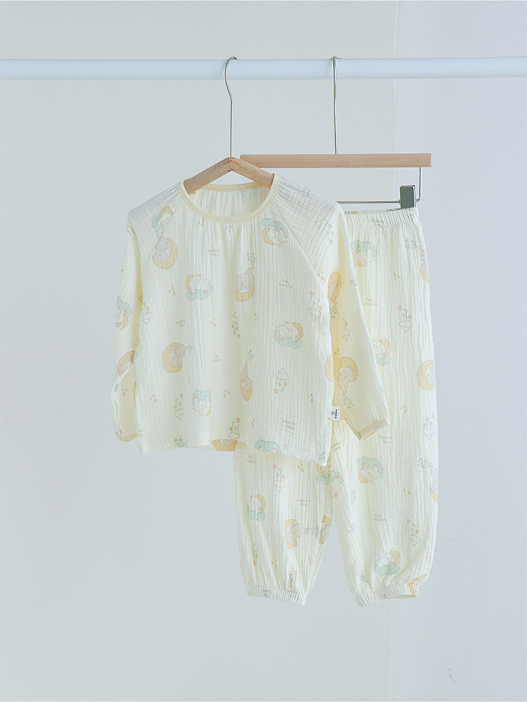 Picture of 2024 Children's Air-Conditioned Home Clothes Double-Layer Cotton Yarn Pajamas for Boys and Girls Pure Cotton Spring and Summer Thin Nefty Long-Sleeved suit