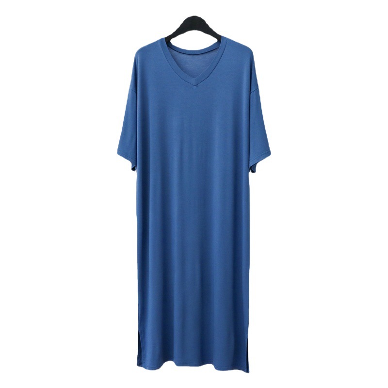 Modal 007 Men's Nightgown Long Knee-length Short-sleeved V-neck Mid-length Nightgown Loose Dress