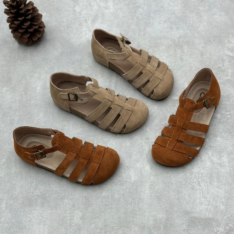 Summer New Round-Toe Flats-Soled Genuine Leather Woven Sandals Retro Literary Flats-Soled Boken T-Buckle Toe-Cap Sandals for Women