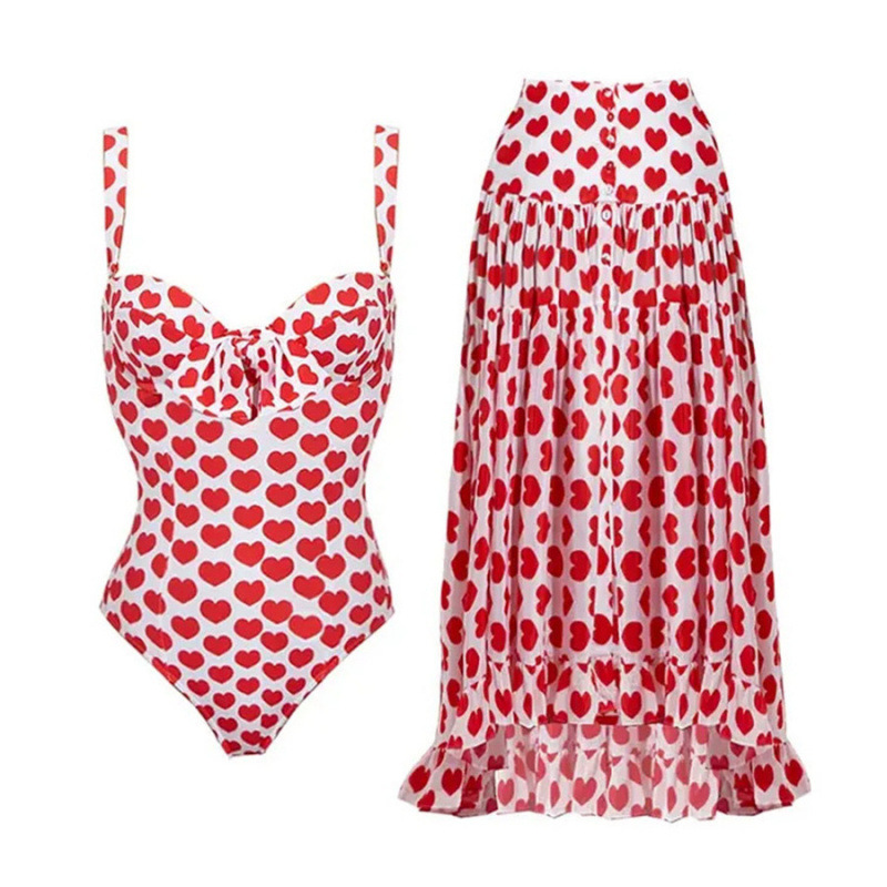 New European and American Swimwear Belly-Covering Slimming One-Shoulder One-Piece Retro Printed Swimwear Women's Printed Wrap Skirt suit