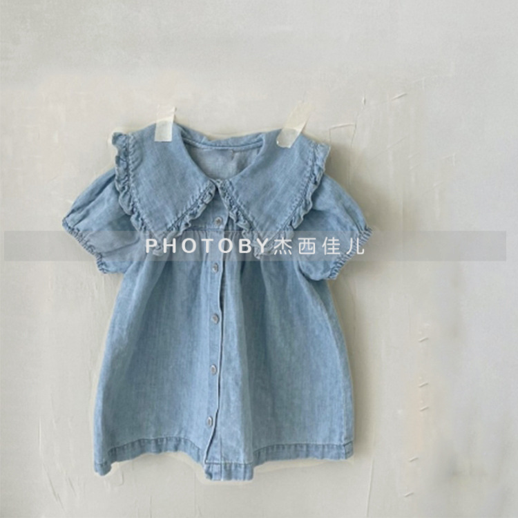 Picture of Girls Ins Korean Style Spring and Summer New dress Children's Lace Large Lapel Puff Sleeve Denim Princess Doll Dress