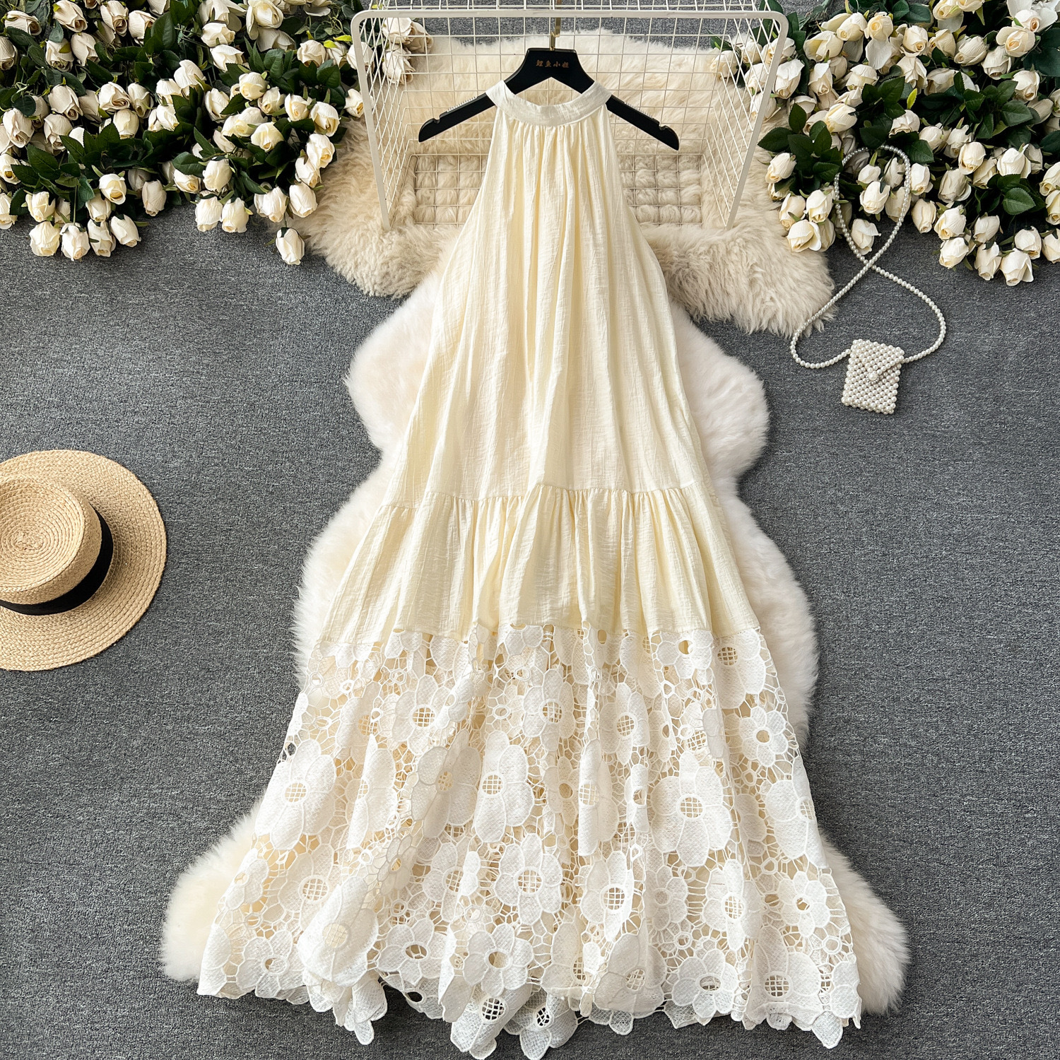Cross-border High-end Necklace Vacation Dress Daughter Dress High-end Light Luxury Niche Embroidery Hollow Lace Dress