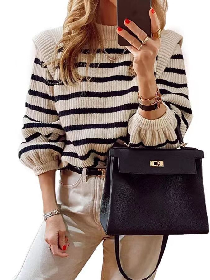 Picture of Aliexpress New 2025 Women's Fashion Striped Round Neck Puff Sleeve Sexy Knitted Sweater
