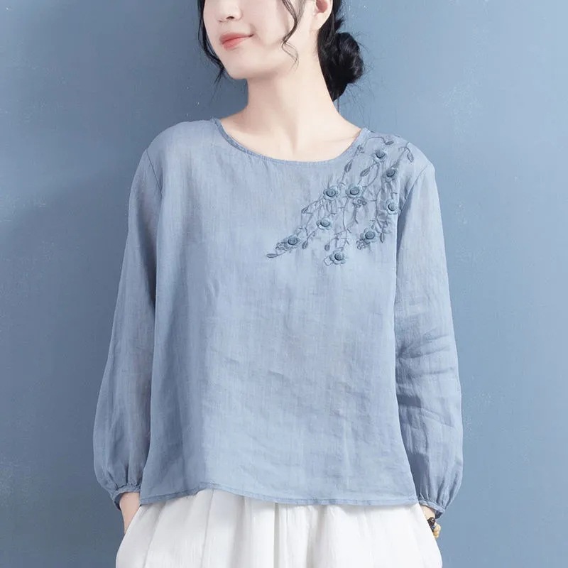 Embroidered Round Neck Long-Sleeved T-Shirt for Women Work Clothing Retro Literary Loose Pure Color Pullover Embroidered Bottoming Top for Women