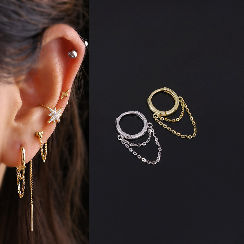 S925 silver chain tassel smooth ear buckle fashion jewelry popular piercing earrings earrings single