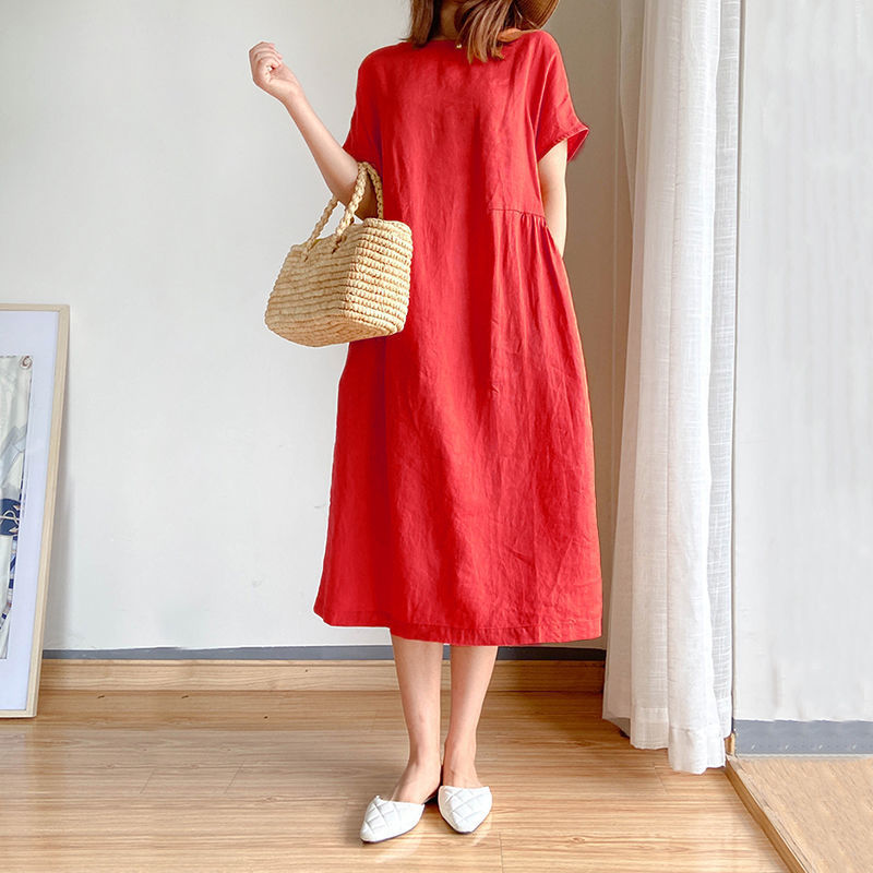 Casual Literary Style Loose Slim Dress Women's Summer 2025 New Large Size Fat mm 100kg Mid-Length Skirt