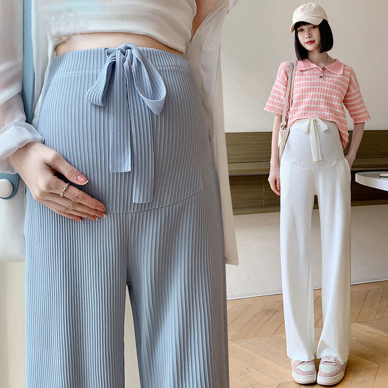 Maternity Pants, Wide-Leg Pants, Summer Thin Large Size Fat mm Ice Silk Pants, Loose Straight Maternity Wear, Casual Summer Wear