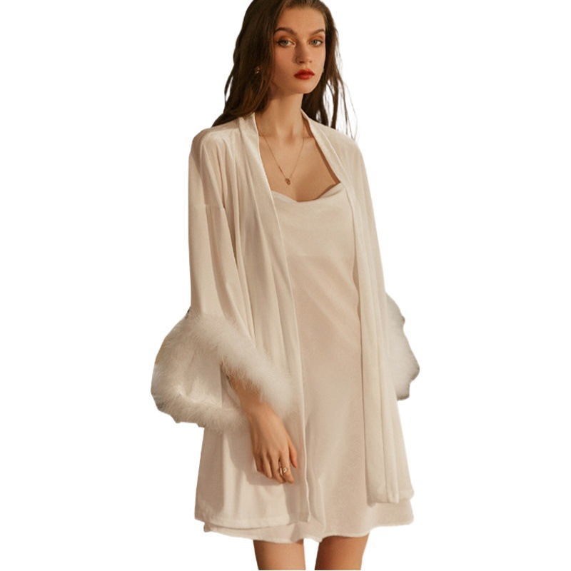 New Lace Pajamas Women's Autumn and Winter Sexy Temptation Bridal Sling Nightgown Feather Home Golden Velvet Nightgown 63