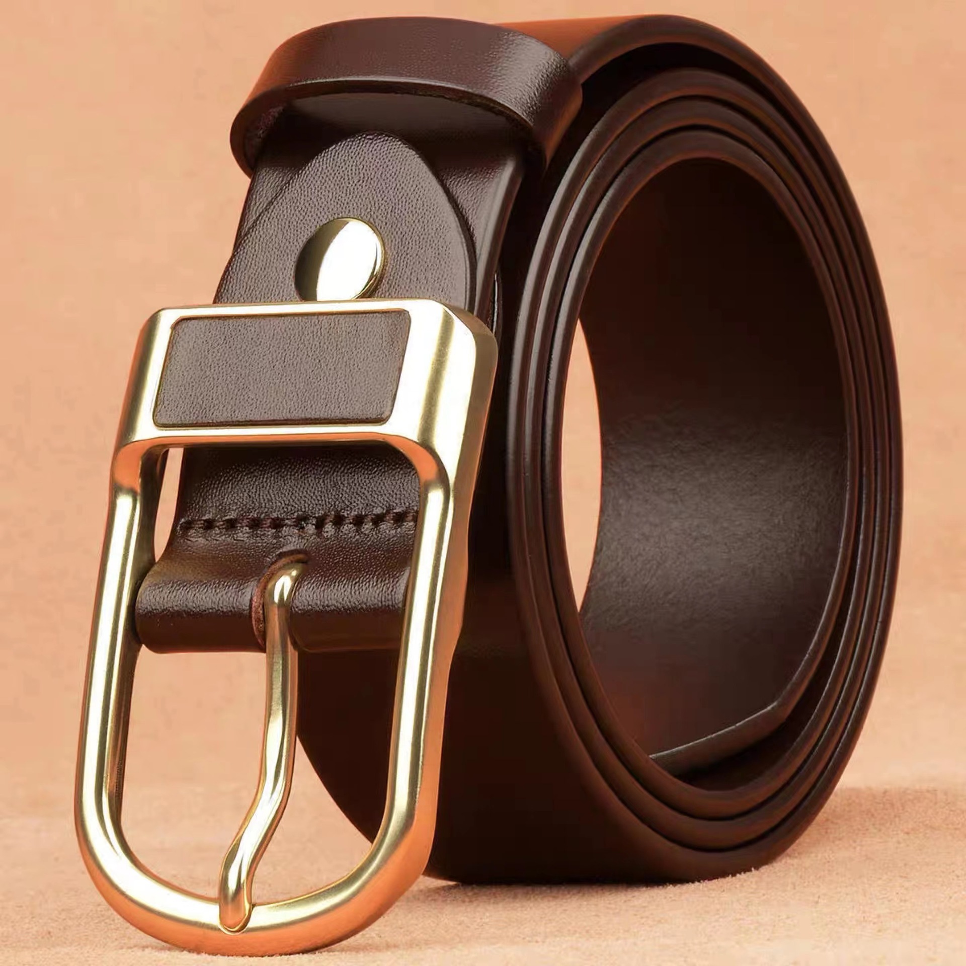 Men's Genuine Leather Business Casual Belt, Simple Cowhide Belt for Young and Middle-Aged Men, Versatile Pin Buckle Belt with Trendy Letter Buckle