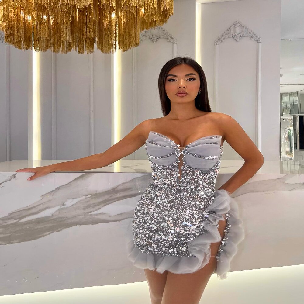 European and American Fashion Sexy Side Split Mesh Stitching Sequin Strapless dress Sleeveless Backless Carmel Mini Skirt