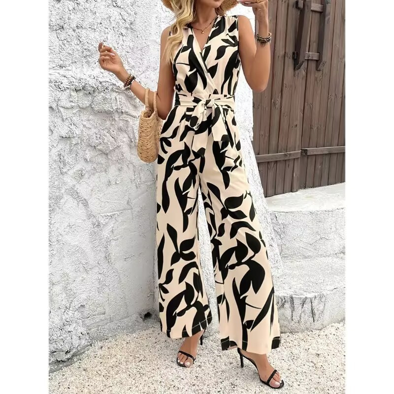 European and American Cross-Border Foreign Trade Amazon Independent Station Summer New Fashion Sleeveless High-Waist Lace-Up Wide-Leg Jumpsuit