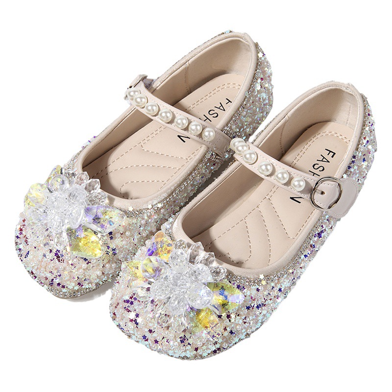 Girls Princess Crystal Shoes 2023 Autumn New Little Girl Soft Sole Shiny Children's Shoes Children's Sequin Flat Shoes