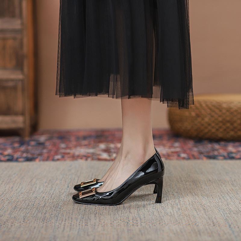 Square Buckle Single-layer Shoes Women's 2024 Patent Leather Commuter Popular Online Fashion Women's Shoes Square Toe New French Style Square Toe High Heel Pumps Patent Leather