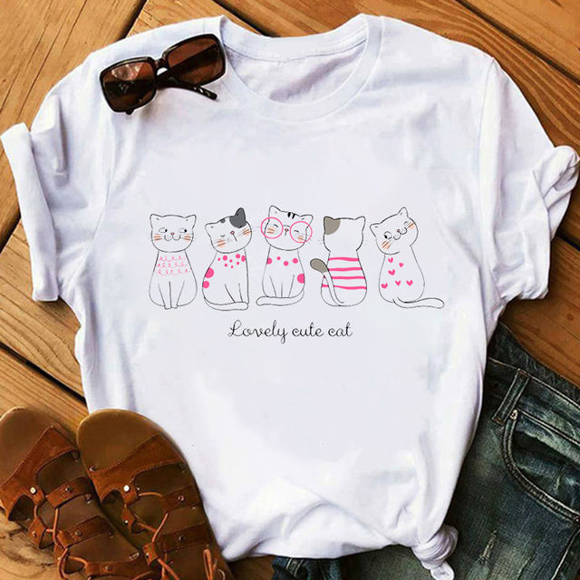 Cross-border Amazon wish AliExpress independent station Black Cat fun pattern printed short sleeve white T-shirt for men and women