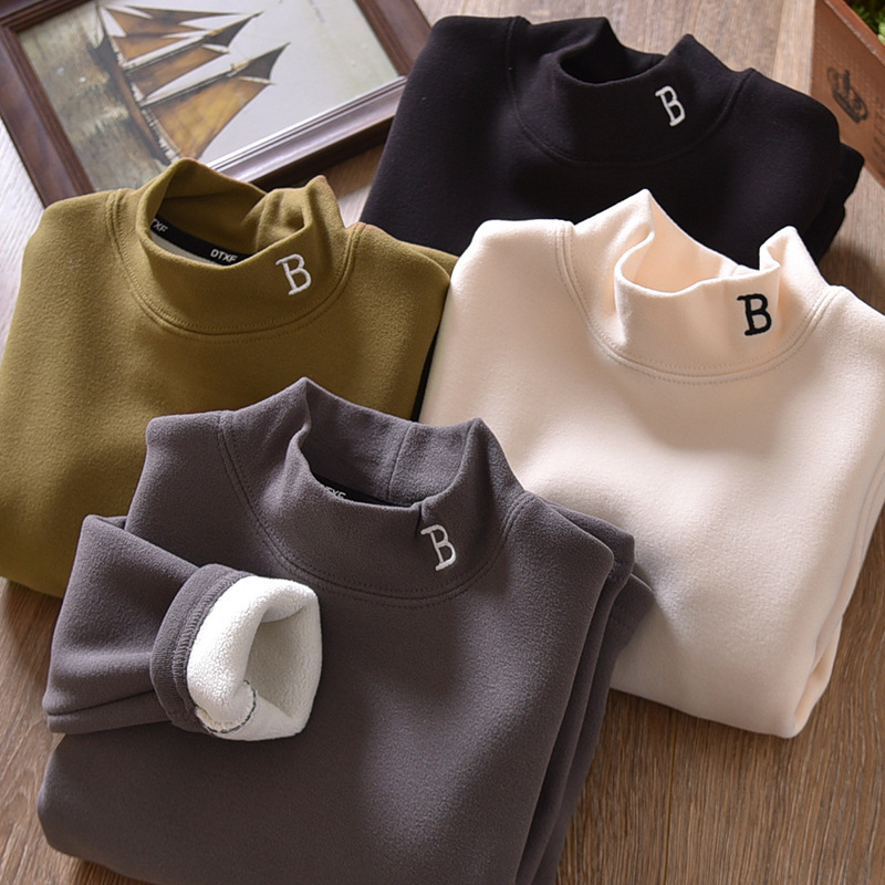 Picture of Boy's velvet autumn and winter half turtleneck warm clothes winter fleece-lined thickened medium and large children's solid color bottoming shirt boy