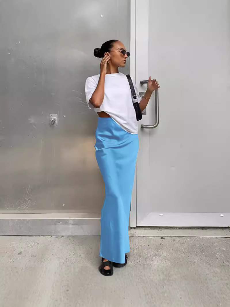 2024 Spring and Summer New Silk Skirt European and American Cross-border Solid Color Satin Casual Fashion Pleated Hip Skirt for Women