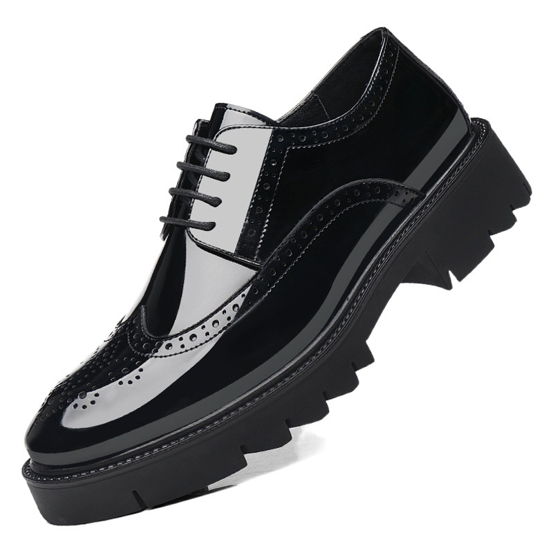 Business Dress Leather Shoes Men's Bright Face Block Carved Inner Height 10CM Lace-up Leather Shoes Thick Sole Height 8CM Wedding