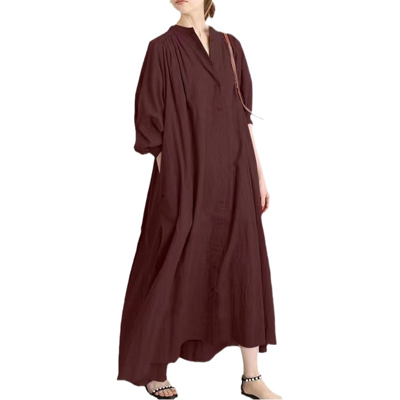 Japanese and Korean 2025 Spring & Fall New Loose Large Size Shirt Style Stand Collar over the Knee Fishtail Skirt Long-Sleeved Cotton and Linen Dress for Women