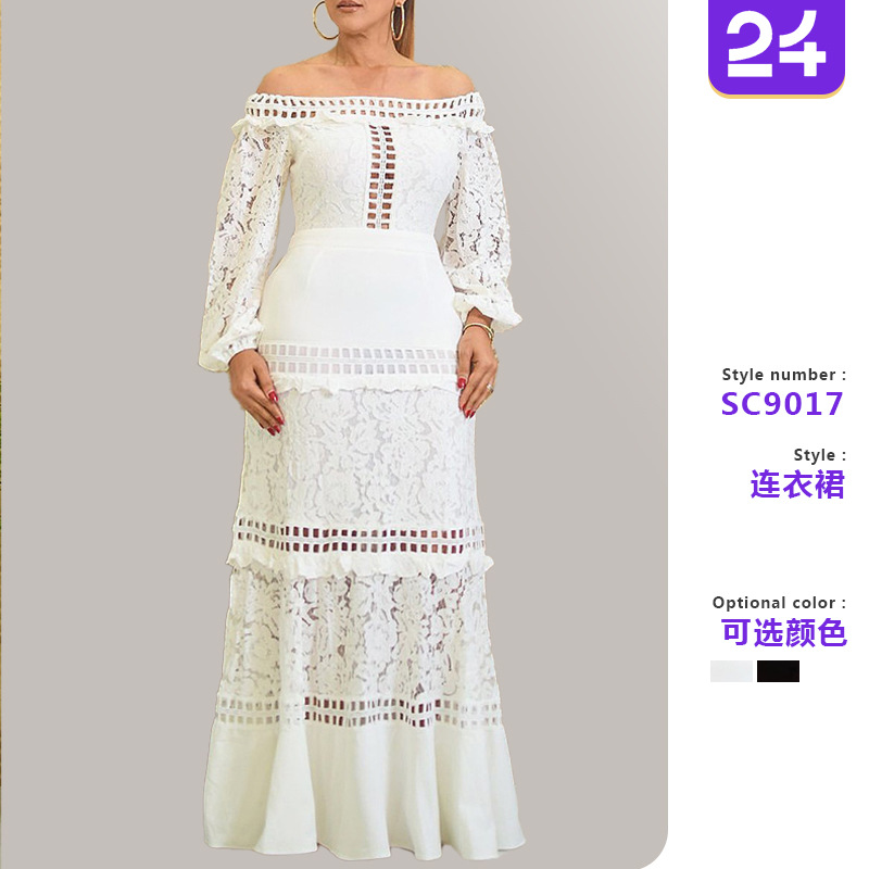 2025 Cross-Border Spring and Summer New European and American Clothing Lace Dress One-Shoulder Lotus Leaf Wedding Dress Evening Dress Banquet Dress