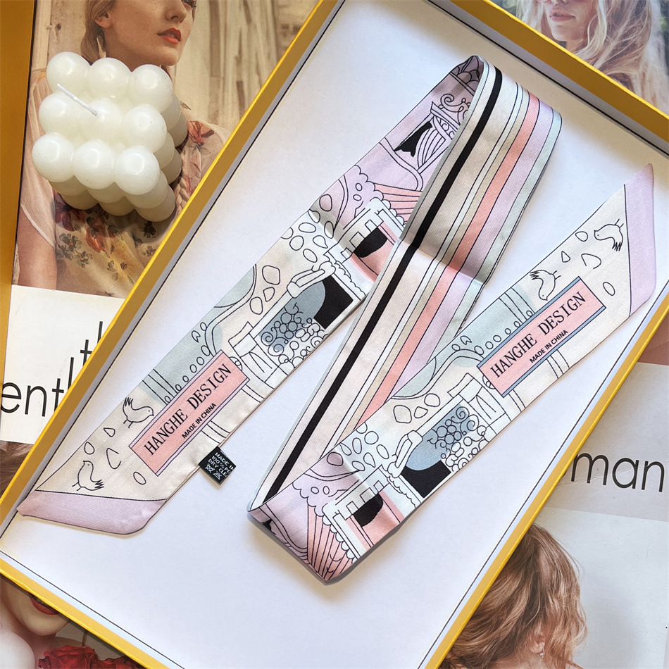 Cross-border E-commerce Twill Printing Double-sided Pattern Ribbon Silk Scarf Hair Belt Scarf Bag with Silk Scarf Long Strip for Women