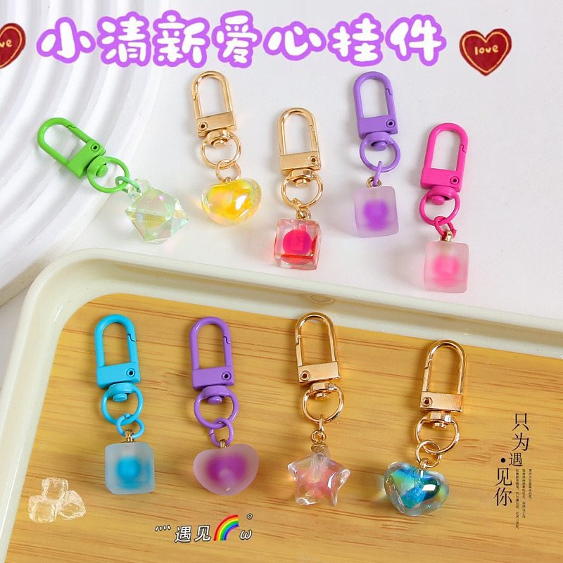Picture of ins style AB color love beads keychain pendant diamond-shaped cut hanging hole door buckle girl's heart bag bag hanging jewelry