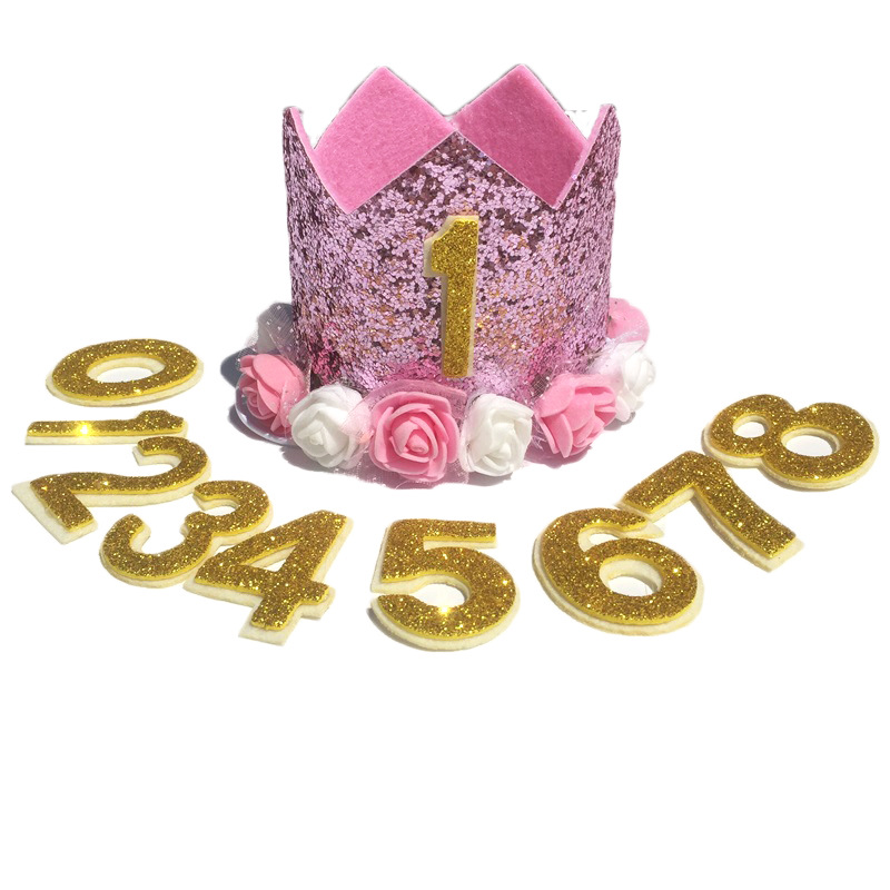 Picture of Children's Birthday Hat Baby Hundred Days Full Moon Birthday Crown Flower Sequins Party Decoration Supplies