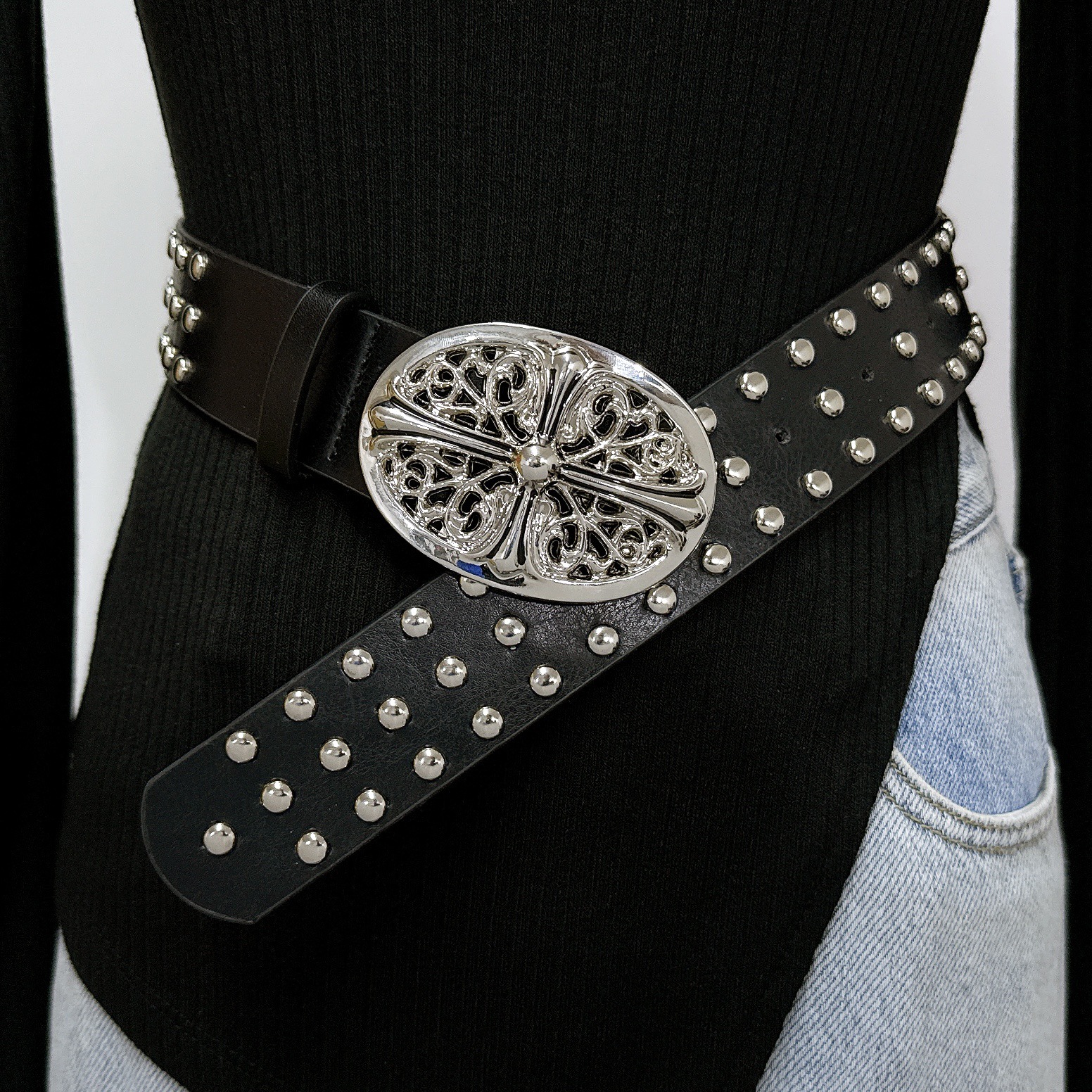 Hip-Hop Punk European and American Street Style Rivet Cross Cut Out Carved Decorative Belt Belt Trendyy Accessories for Women