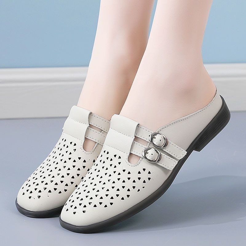 Cross-border Explosions Autumn Half Baotou Hollow Slippers Women's Outer Wear New Flat Sandals Lazy Shoes Round-toe Single-layer Shoes for Women