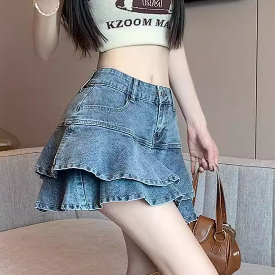 Denim Skirt Women's Cake Skirt A- Line Miniskirt Pants High Waist Design Sense Niche Hip Hot Girl Short Skirt