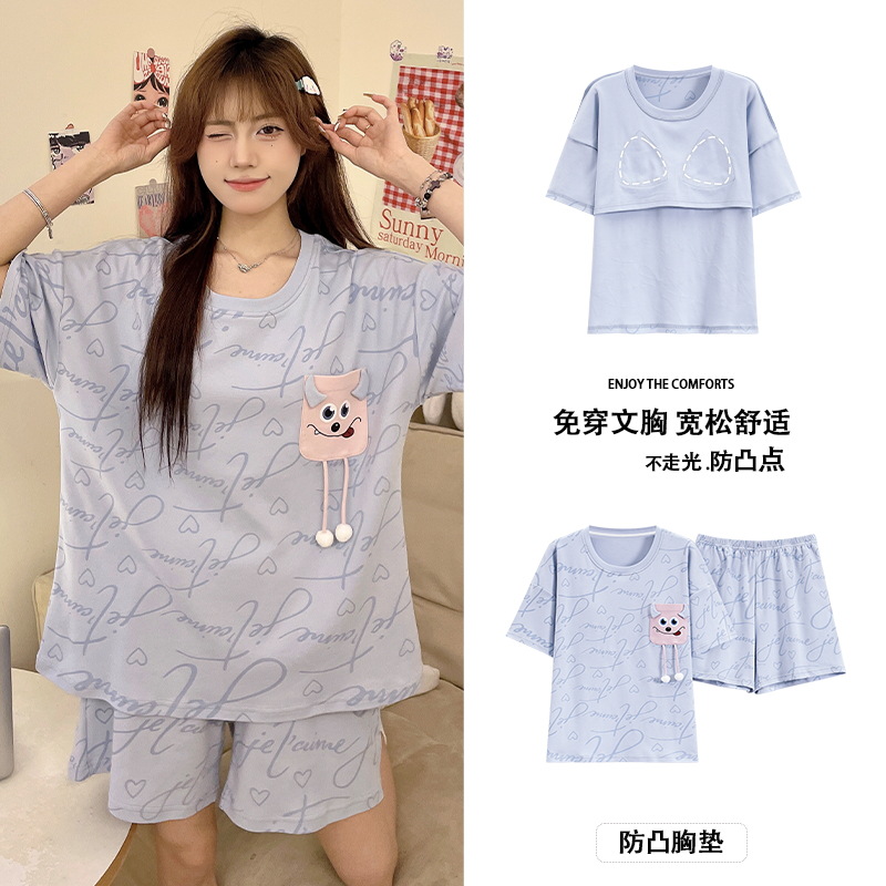 2024 Short-sleeved Pajamas Women's Summer Thin Cartoon Girl's Student Home Clothes with Chest Pad suit