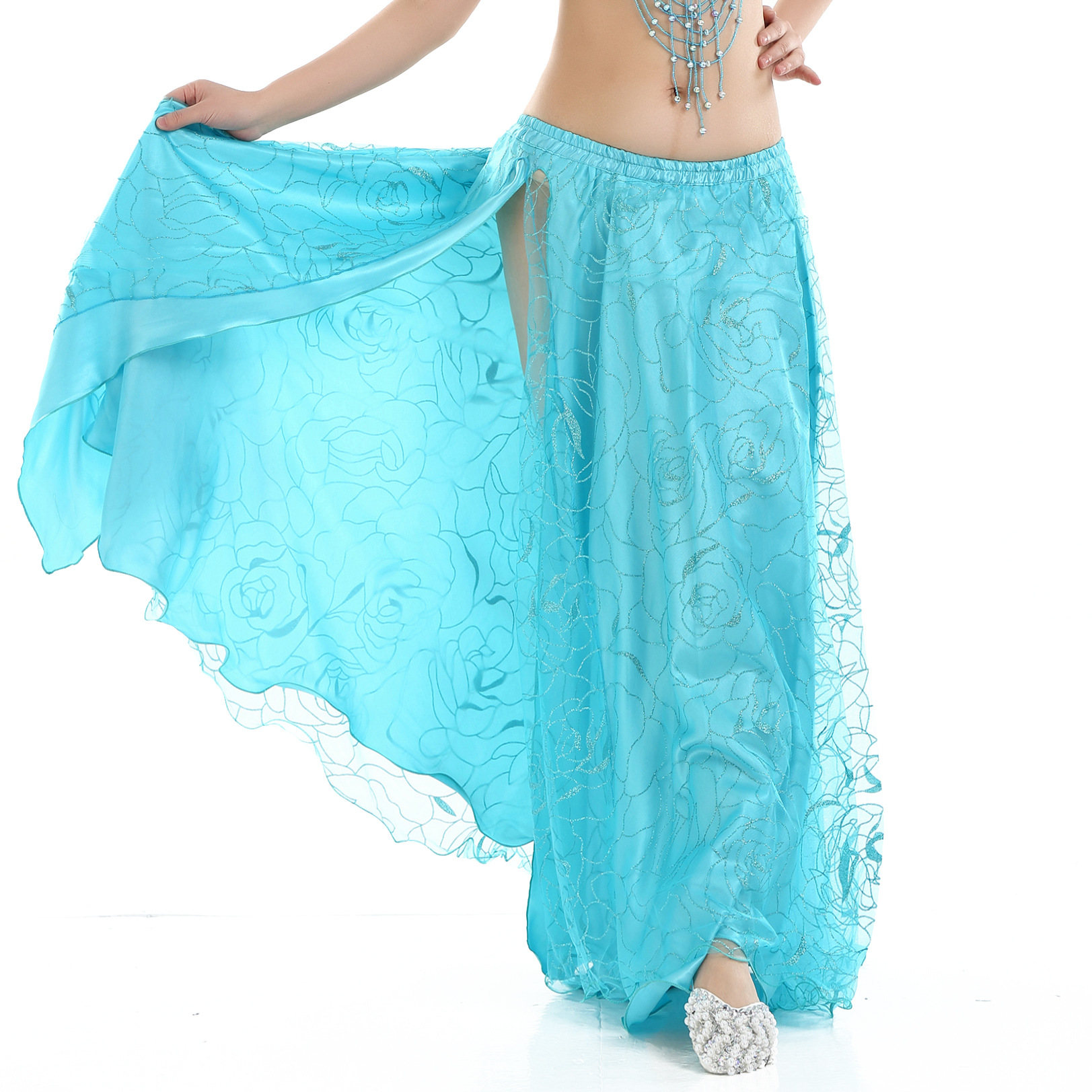 Picture of Hot Push Rose Skirt Belly Dance Performance Clothing Outer Mesh Design Double Slit Stunning Dance Clothing Source Factory