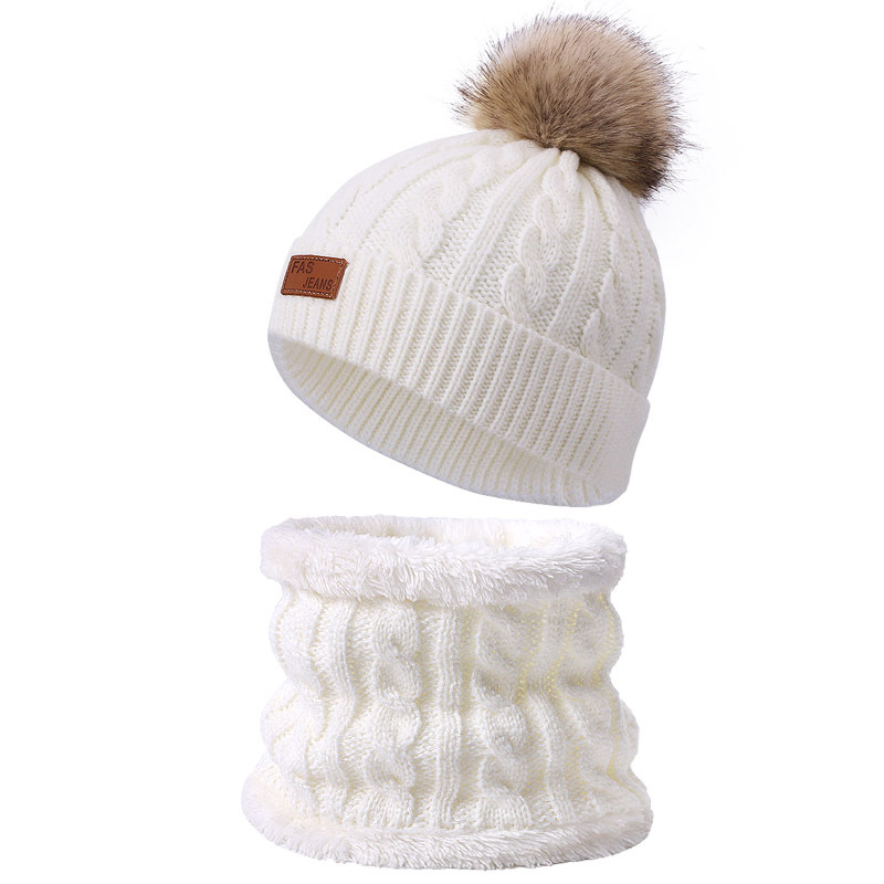 Picture of Winter Children's Neck Hat Two-Piece Pompom Baby Baby Knitted Hat Warm Wool Fleece-Lined Thickened Neck Set