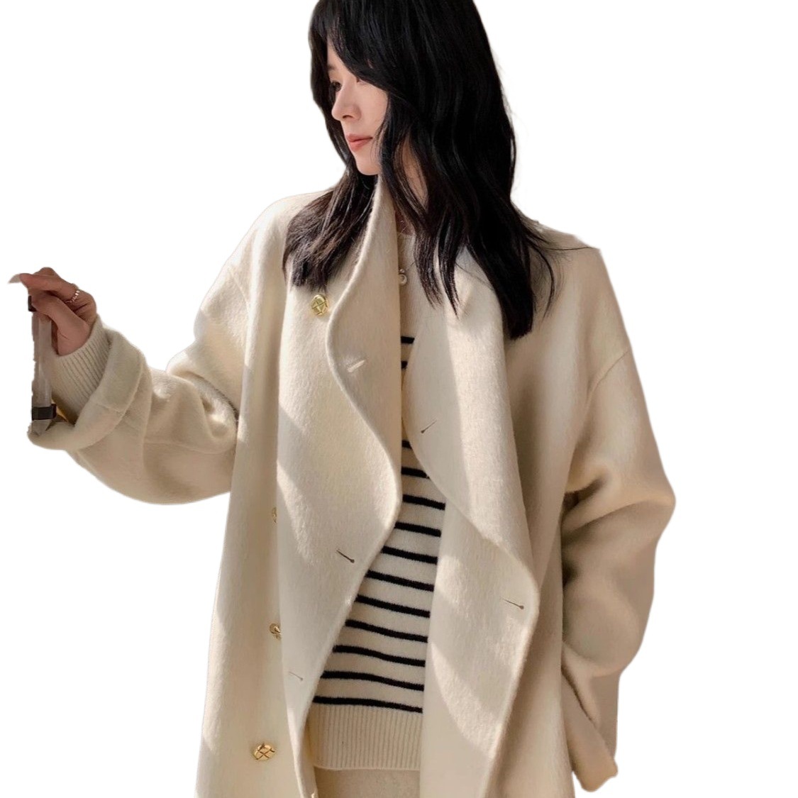 Picture of Gray Double-Sided Woolen Outwear for Women Mid-Length 2025 Autumn and Winter New Korean Style Loose Knee-Length Woolen Outwear