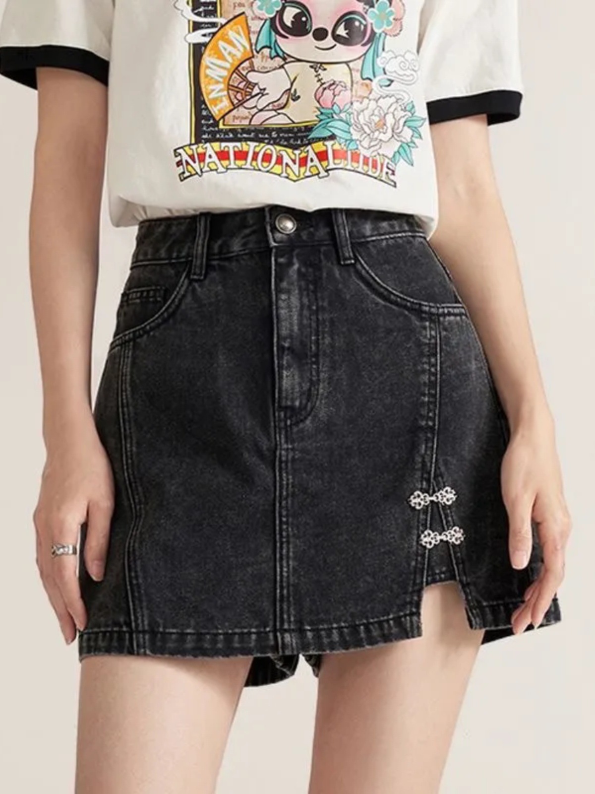 National Fashion Vintage Denim Skirt Women's Summer Ins Waist Buckle Split Design Sense Culottes A- Line Irregular Skirt