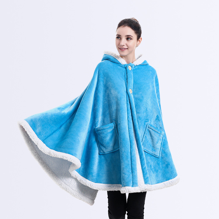 Cross-Border Double-Layer Thickened Flannel Shawl Lunch Break Blanket Hooded Home Leisure Lazy Sofa Cloak Lunch Break Artifact
