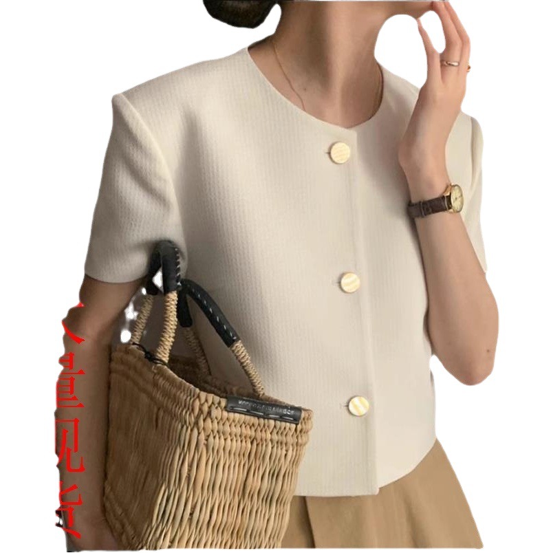 Factory Korean Summer Style Small Fragrant Style Round Neck Single-Breasted Loose Casual Versatile Puff Sleeve Short Outwear for Women