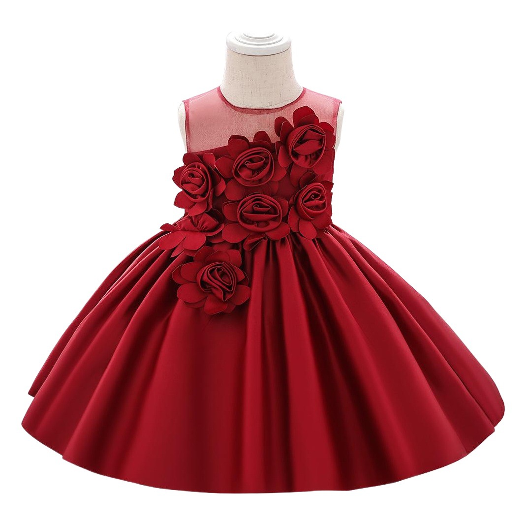 Children's Dress Korean Style Sweet Kidsren's Host Evening Dress Silks and Satins Applique Catwalk Clothing Baby One-Year-Old Dress for Girls