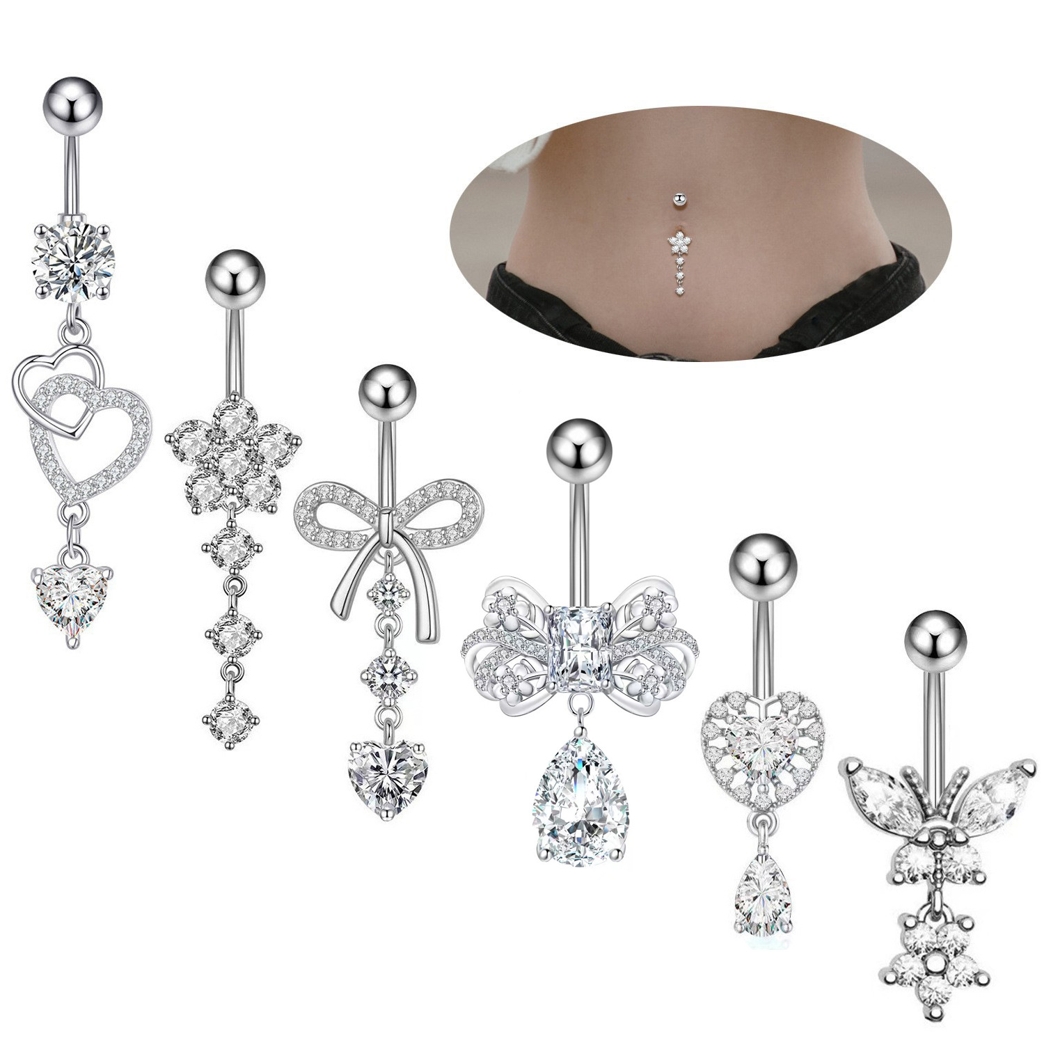 Amazon cross-border e-commerce new belly button ring copper inlaid zircon belly button nail human body piercing jewelry in stock wholesale