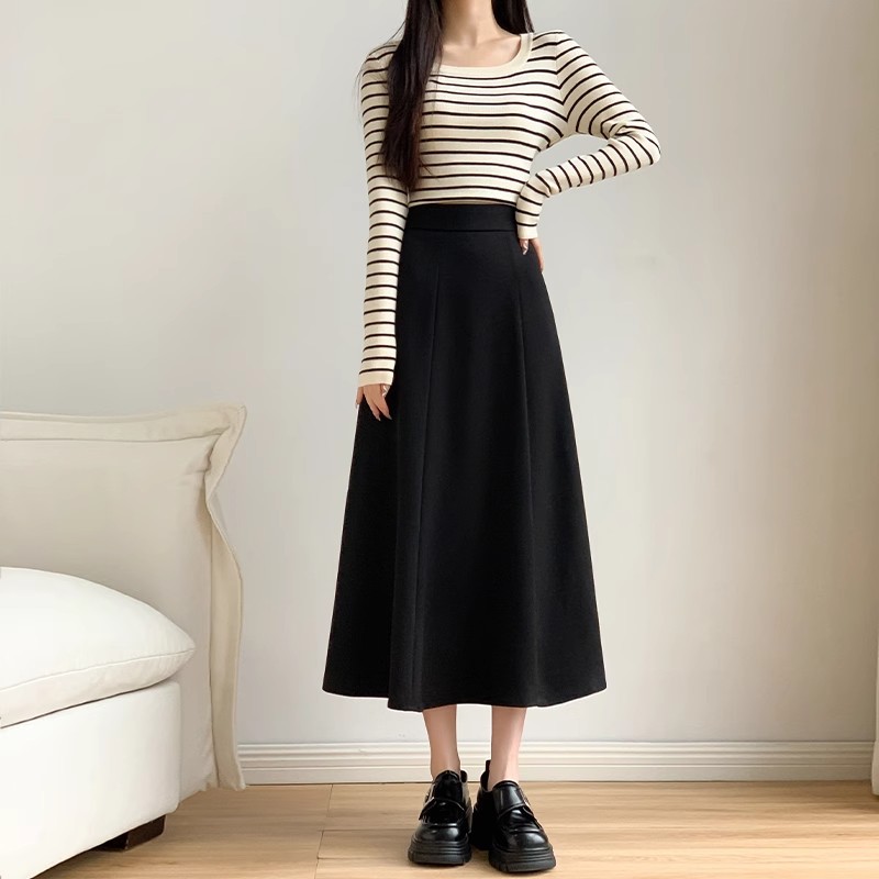 Black Suit Skirt Women's Spring and Autumn New High Waist A- Line Skirt chubby girl plus size Hip Covering Slimming Mid-length Umbrella Skirt