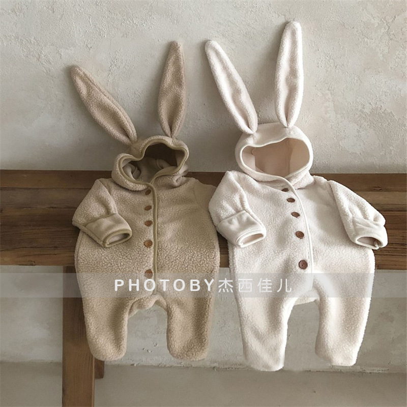 Picture of Ins Korean Style Baby Boys and Girls Winter Clothes New Style Jompsuit Cute Rabbit Ear Lamb Wool Hooded Climbing Clothes for Going Out