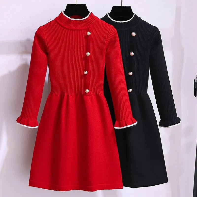 Girls' Sweater Princess Skirt Children's Clothing Autumn Clothing Children's Knitted Bottoming Sweater Skirt New Year Clothing Baby's Western-style dress