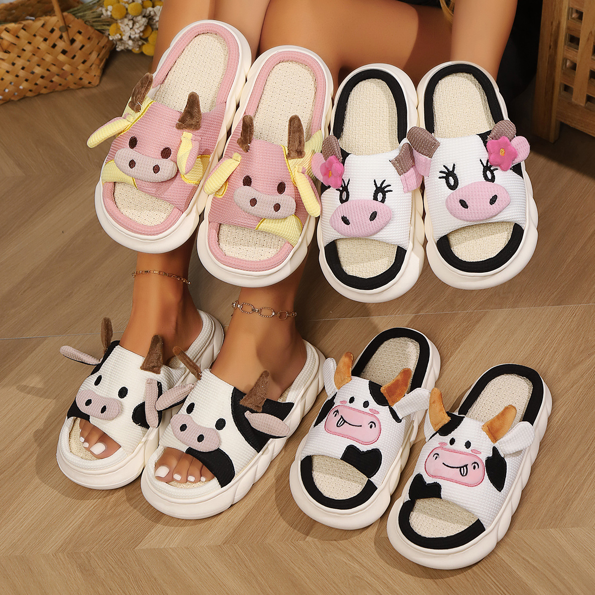 Cross-Border Foreign Trade Wholesale Cow Linen Slippers for Women, All-Season Indoor Home Slippers, Home Non-Slip Men's Slippers
