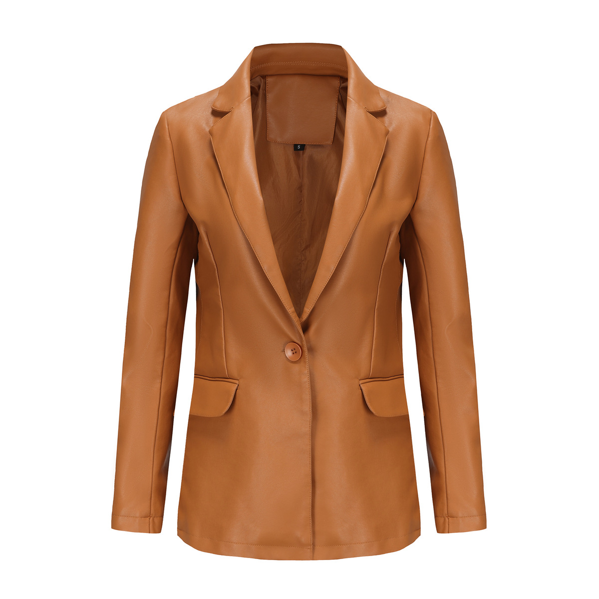 Picture of 2023 real shot new European and American small suit cross-border long sleeve coat women's single grain buckle commuter casual solid color leather coat