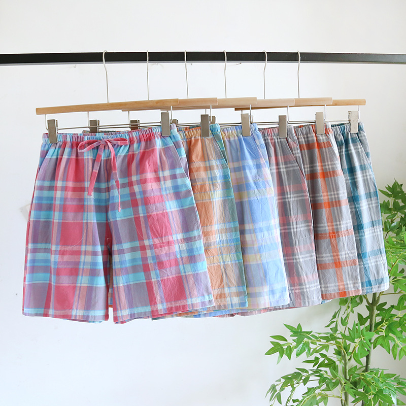 Summer Men's Washed Cotton Plaid Pajama Pants Thin Cotton Pants Japanese plus size Loose Casual Home Shorts