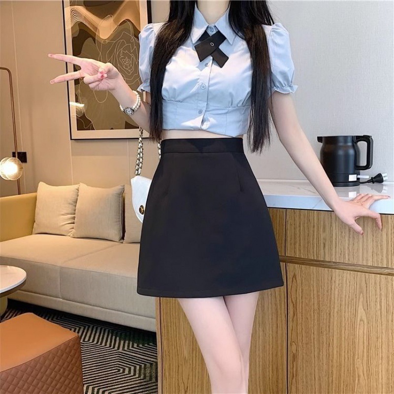 Black Skirt Small Short Skirt 2024 Spring and Summer New High Waist Slim A- line Skirt Suit One Step Skirt