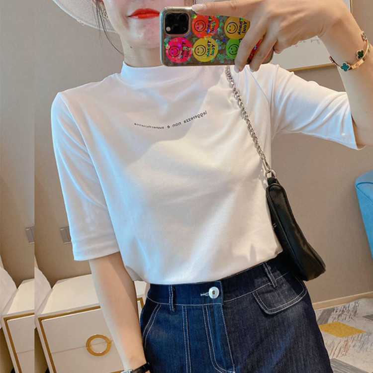 European 2024 Spring and Summer New Women's Letters Printed White Solid Color Mid-sleeve Mock Collar T-shirt Base Shirt Korean Ins
