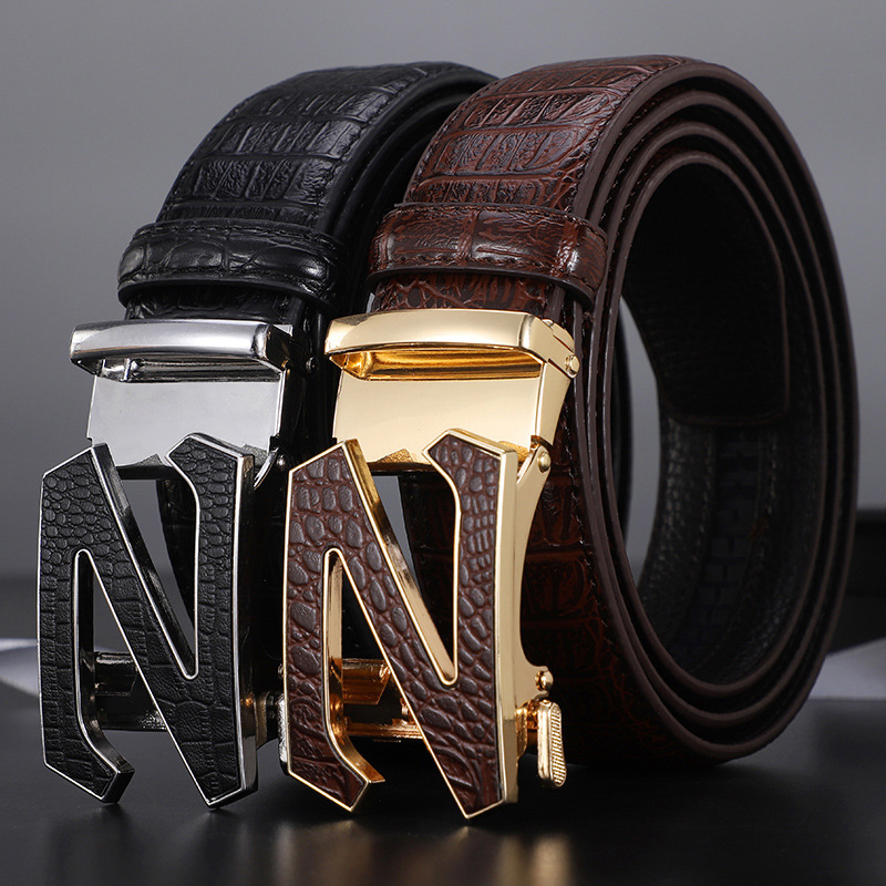Men's Belt Automatic Buckle Crocodile Pattern Business Fashion Casual All-match Cowhide Belt Men's Pants Belt Wholesale Hair