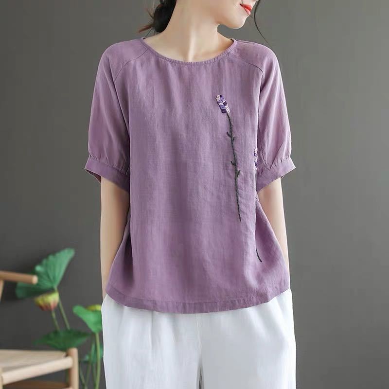 Artistic Vintage Flower Embroidered Cotton and Linen Round Neck Short-sleeved T-shirt Women's Summer New Arrival plus size Loose All-match Top Women's