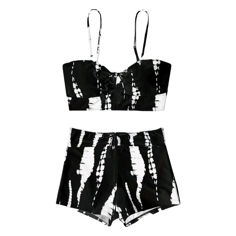 2023 European and American Foreign Trade Swimsuit Split High Waist Boxer Lace-up Printed Cross-border Sexy Amazon Swimsuit Bikini