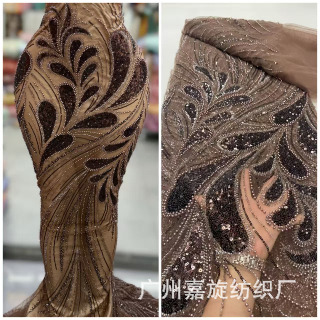 in stock African Big Flower Bubble Bead Sequin Embroidered Fabric Phoenix Tail Flower Fashion Stage Clothing dress Bead Tube Fabric